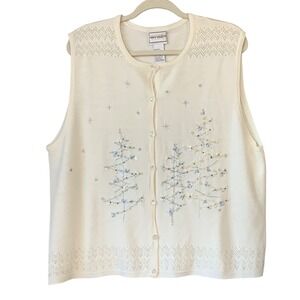 Napa Valley Cream Christmas Tree Sequin Beaded Sweater Vest Womens  Size XL